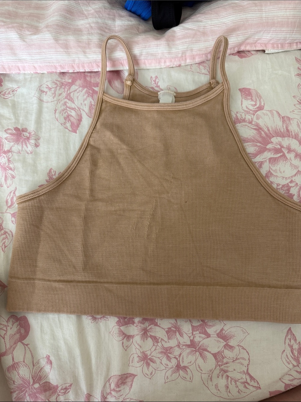 Ribbed High-Neck Bralette Crop in Beige
